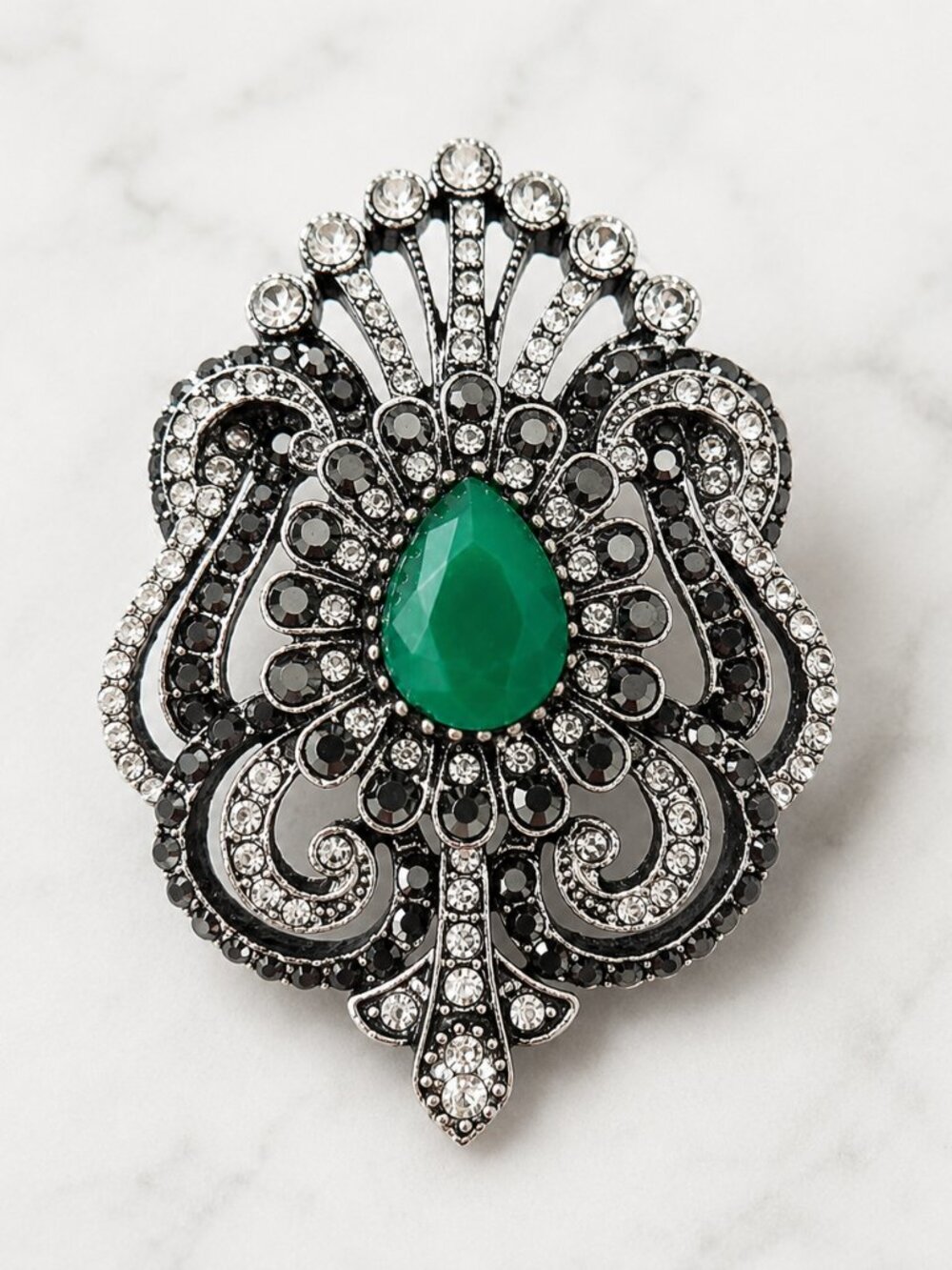 Vintage Style Green Crystal Rhinestone Brooch, Silver Tone Statement Pin